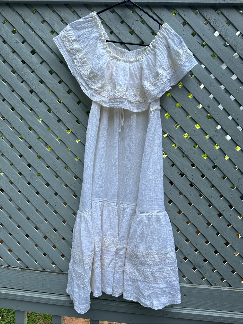 Vintage cotton gauze White off the shoulder midi dress with lace detailing